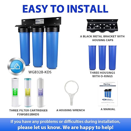 iSpring Whole House Water Filter System, Reduces Lead, Scale, Chlorine, Chloramine, 3-Stage Whole House Water Filtration System, Model: WGB32B-KDS