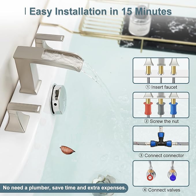 Waterfall Tub Faucet Brushed Nickel Bathtub Faucet 3 Hole, Brass High Pressure Bath Tub Faucet Set Deck Mount Roman Tub Faucets, Modern Tub Filler Bath Faucet for Tub with 2 Handles No Leaks