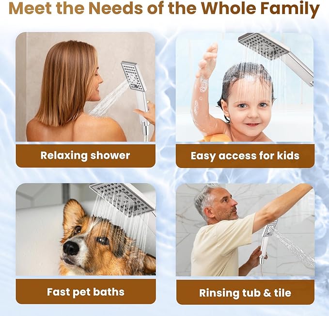 BRIGHT SHOWERS Rain Shower Head with Handheld Spray, 8 Inch Rainfall Shower Head Combo with 60" Hose, Adjustable Dual Square Showerhead Set with 3-Way Diverter, Wall Bracket, Brushed Nickel