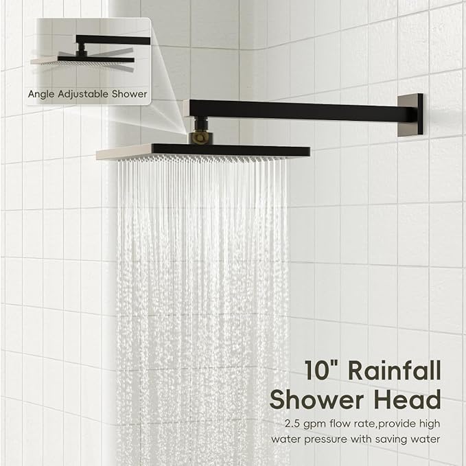Gabrylly Shower System with Tub Spout, Wall Mounted Tub Shower Faucet Set for Bathroom with High Pressure 10" Rain Shower head and 3-Setting Handheld Shower Head Set, Matte Black