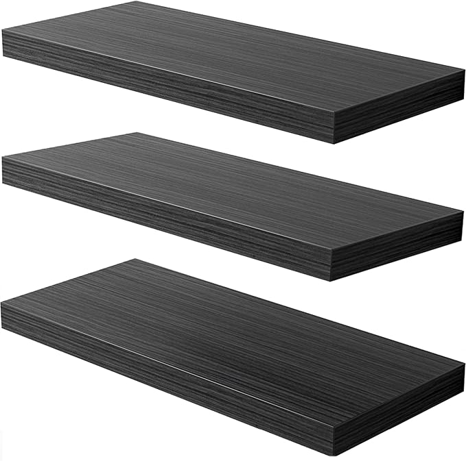 Floating Shelf, Set of 3 Wall Shelf, 36 in W x 12.75 in D x 2 in H Wooden Floating Wall Shelf with Invisible Brackets for Living Room/Bedroom/Bathroom/Kitchen Storage and Decor, Black Wood