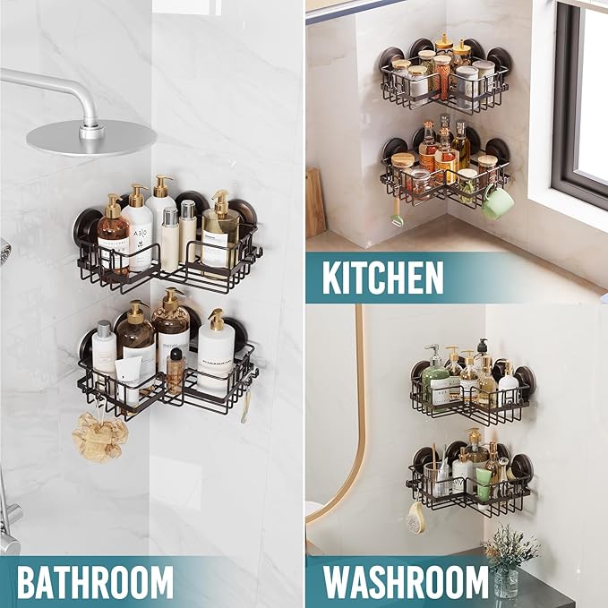TAILI 2 Pack Powerful Suction Cup Shower Caddy Corner-adaptive, Stainless Steel Rustproof Shower Shelves with Hook, Drill-Free Wall Suction Baskets, Large Capacity Removable Bathroom Organizer, Brown