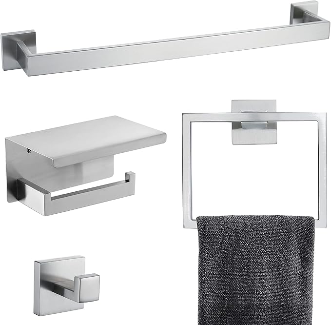 Brushed 4-Piece Bathroom Hardware Set Premium Stainless Steel Bath Towel Bar Sets Wall Mounted Bathroom Toilet Paper Holder with Shelf Set, 23.6 Inch