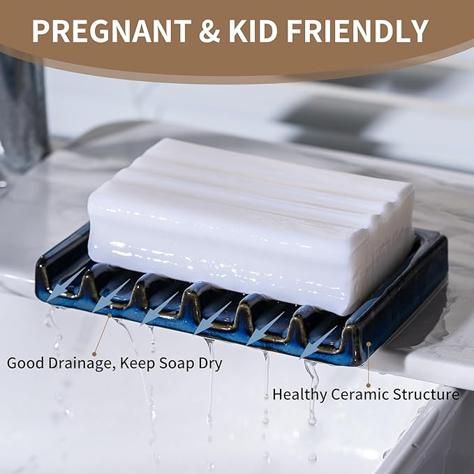 Tanew Self Draining Premium Ceramic Soap Dish, Bar Waterfall Soap Dish, Shower Soap Holder Sponge Holder Soap Tray Savers for Bathroom, Shower, Kitchen, Sink and Countertop