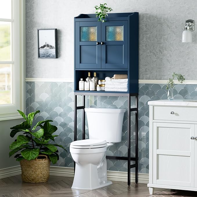 Over The Toilet Storage, Bathroom Storage Cabinet Over Toilet, Above Toilet Storage with Double Doors and Soft Hinges Over Toilet Storage Shelf Over The Toilet Storage Cabinet (Ultramarine)