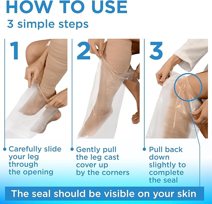 100% Waterproof Cast Covers for Shower Leg - 2pk - Tight Seal - Reusable Adult Half Leg Cast Protectors - Knee, Ankle, Foot - After Surgery Bandage and Dressing Cast Bag for Wounds and Burns
