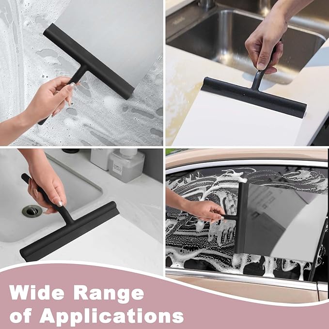 Squeegee for Shower Glass Doors, Resilient Loop - No-Drill & Adhesive Hook, Silicone Shower Squeegee with Stainless Steel Core, Cleaning Tool for Home, Kitchen, Bathroom & Car - Pink