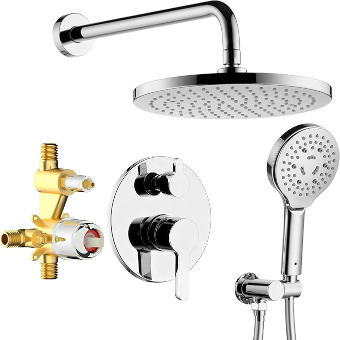 Polished Chrome Shower Faucet Set, Wall Mount Rain Shower System 10 Inches Shower Head with Handheld Set, Included Rough-in Valve and Trim Kit