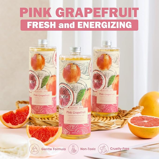 ROMIIE ZOI Foaming Hand Soap Refill Gift Set – 3 Pack *33.8 Fl Oz with Dispenser, Pink Grapefruit Scent–Moisturizing, Biodegradable & Chemical-Free Formula for Bathroom, Kitchen, Sensitive Skin