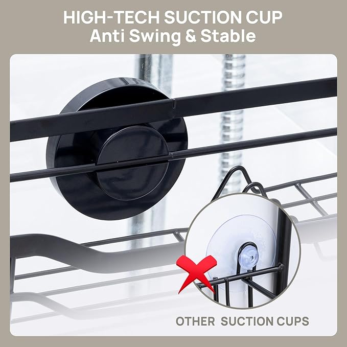 LEVERLOC Over The Door Shower Caddy, Shelf Distance Adjustable Hanging Rack Sturdy Rust Proof Bathroom Shelves with Strong Suction Cup, Shower Organizer Basket Storage Rack, Metal Black