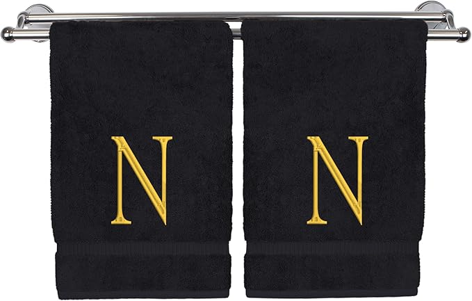 Monogrammed Hand Towel, Personalized Initial Gift, Extra Absorbent 100% Turkish Cotton - Soft Terry Finish - Set of 2 - Gold Block Initial N - Embroidered on Black Towels