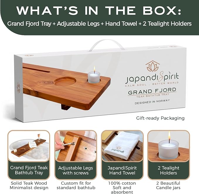 Grand Fjord | Teak Bathtub Tray for Large Soaking Tub | Extra Long 35” Luxury Bath Caddy for Freestanding Tubs | Minimalist Wooden Tub Tray with Candle Holders & Premium Towel by JapandiSpirit