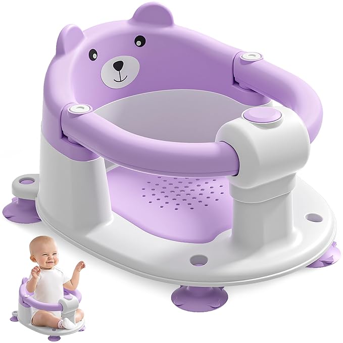 Baby Bath Seat for Babies 6 Months & up, Non-Slip Toddler Bath Seats for Babies Sitting Up, Safe Infant & Newborn Bathtub Chair with 4 Suction Cups & Soft Cushion for Shower,Lavender