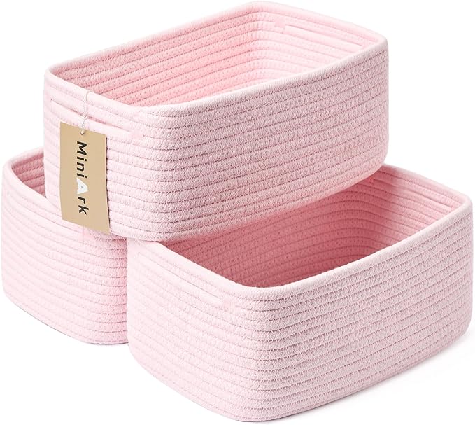 Small Storage Baskets for Organizing | Closet Organizer Bins | Shelf Toy Basket | Woven Rope Baskets | Cube Decorative Box | Shallow Basket | 13x8.5x5.1” | 3 Packs Light Pink