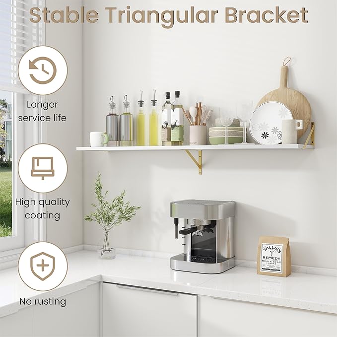 Floating Shelves for Wall, 12 Inch Deep Floating Shelves Set of 2, 55W x 12D Large Wall Shelf with Sturdy Metal Brackets for Living Room, Bathroom, Bedroom and Kitchen, White with Gold Bracket