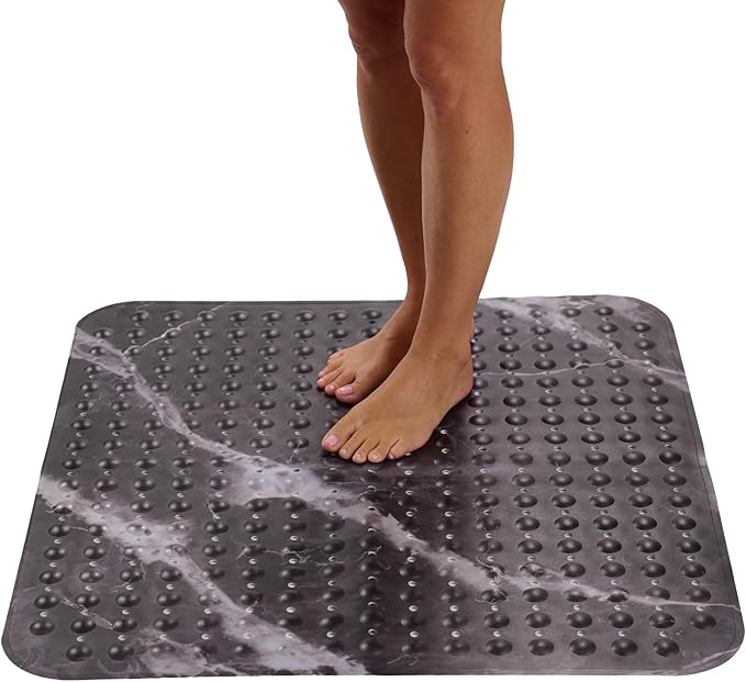 ENKOSI Extra Large Square Non Slip Shower Mat - 31 x 31-inch XL Bathroom Shower Mat - Square Shower Matts for Shower Stall Floors | Secure Suction Cups and Drain Holes (31x31 Marble Black)