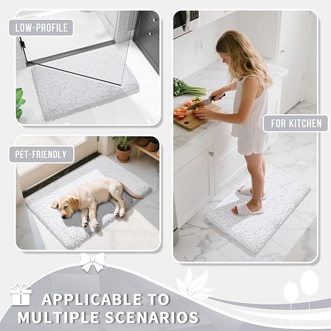 Yimobra Long Bathroom Rugs Runner 60x24 Inch, Extra Thick Soft Absorbent Chenille Bath Mat, Non Slip Machine Washable, Quick Dry Bath Rugs for Bathroom Floor, Tub and Shower, White