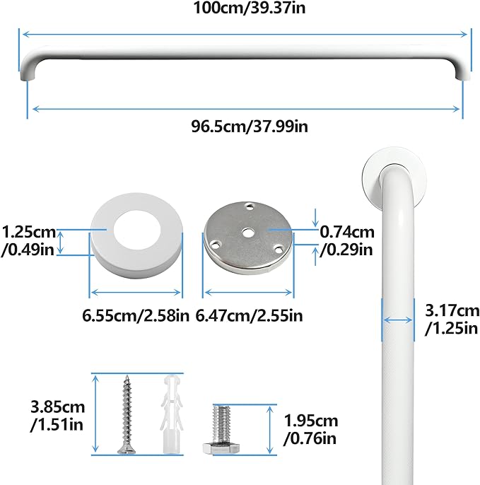 Shower Grab Bar, 2 Pack 39.4 Inch White Bathroom Grab Bar, 1.25" Diameter 304 Stainless Steel Anti-Slip Grab Bars for Bathtubs and Showers, Handicap Shower Grab Bar for Seniors Elderly