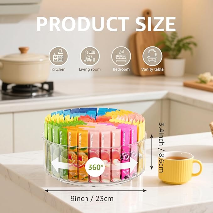 Rotating Drink Mix Organizer, Clear Lazy Susan Turntable for Powder Packet, Water Packet, Water Flavor Packet, Divided Drink Packet Organizer