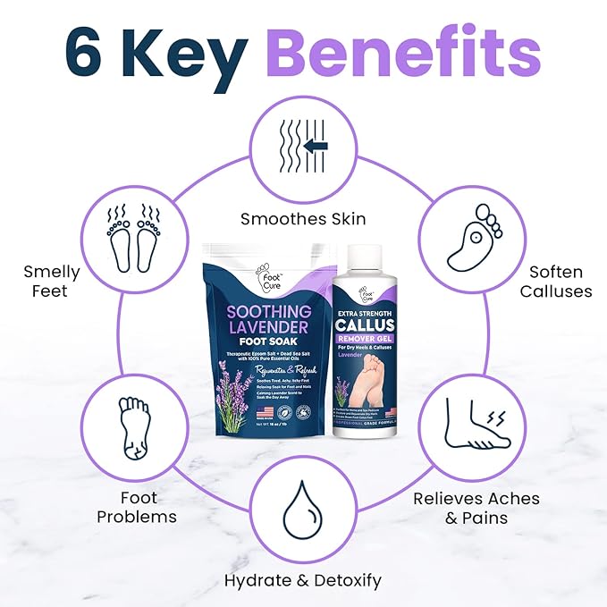 Lavender Foot Soak & Callus Remover Gel Kit - Extra Strength Callus Remover Gel for Feet, Remove Calluses with Epsom Salts, Dry Cracked Heels & Foot Odor, at Home Pedicure - Foot Care for Tired Feet