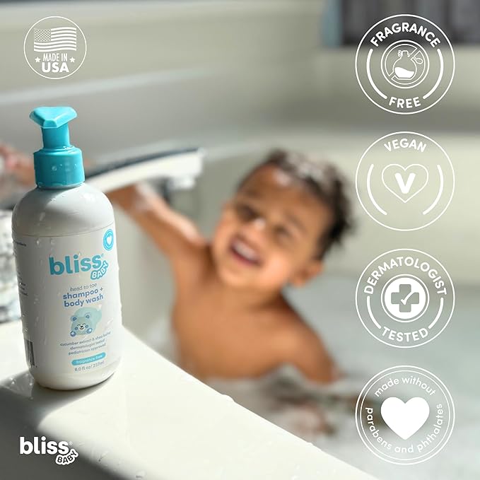 Bliss Baby Shampoo and Body Wash, Premium 2-in-1 For Babies, Toddlers & Kids, Unscented & Hypoallergenic - Gentle Baby Soap - Vegan, Hydrating For Sensitive Skin - Avocado, Shea Butter & Calendula