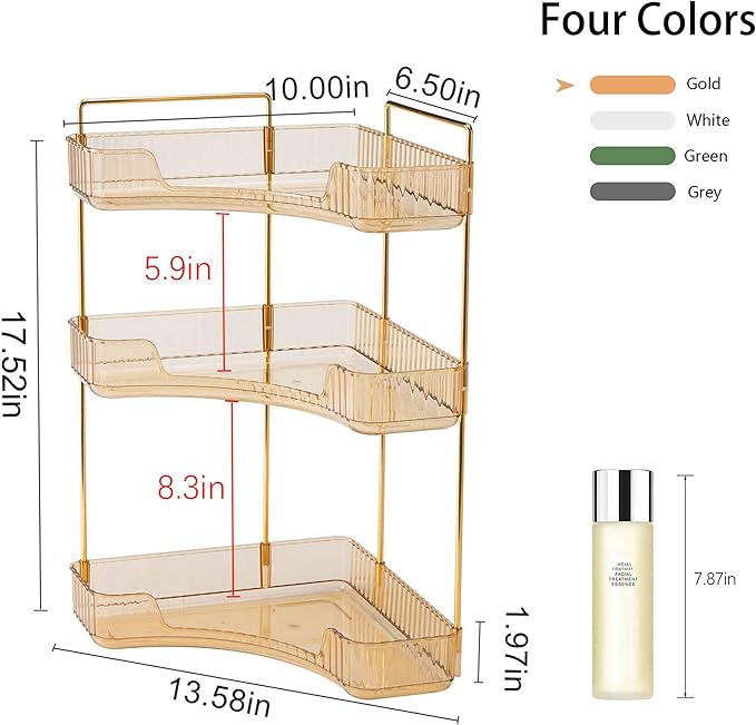 YCIA&DONE Corner Bathroom Counter Organizer, Makeup Organizer for Vanity, Skincare Cosmetic Perfume Tray, Corner Countertop Shelf Rack Storage for Bathroom Kitchen 3 Tiers (Amber Gold)