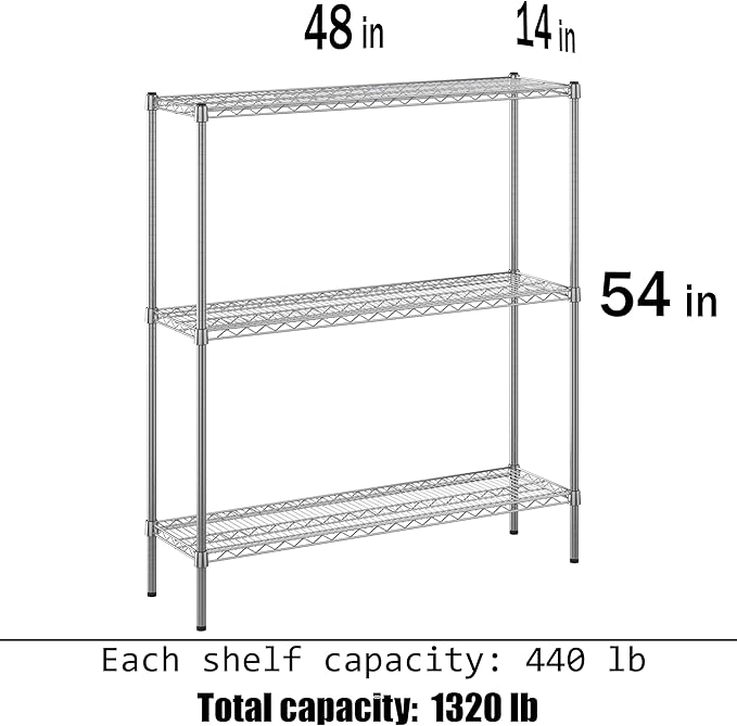 14" Deep x 48" Wide x 54" Height Wire Shelving Kit | 3-Tier | NSF Commercial Storage Rack Unit