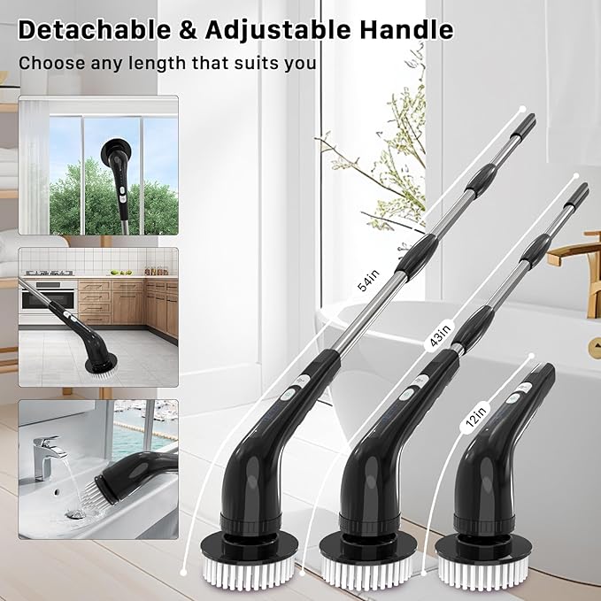 Electric Spin Scrubber, Cordless Cleaning Brush, Shower Scrubber with 7 Replaceable Brush, 2 Speeds and Adjustable Extension Handle for Bathroom Shower Bathtub Glass Car(Black)