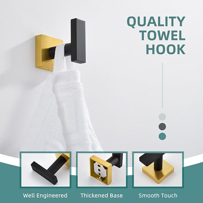 Angle Simple Towel Hook Black & Gold, Stainless Steel Bathroom Towel Holder, Robe Hook, Kitchen Towel Hanger, Wall Mount