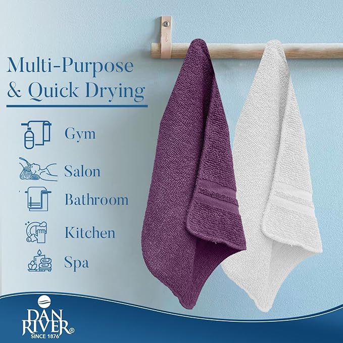 DAN RIVER 100% Cotton Washcloths 20 Pack Premium Quality Face and Body Cloth, Quick Dry Essential Towels for Bathroom, Hand, Kitchen & Cleaning, Baby Washcloths | 11X11 in|400 GSM|Purple Passion+White