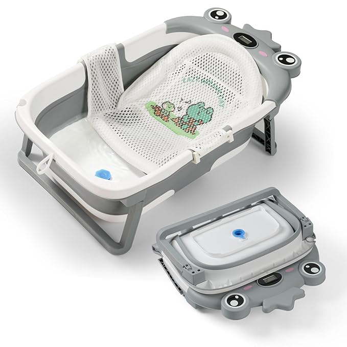 Baby Bathtub,Collapsible Baby Bath Tub with Soft Cushion & Thermometer, Space Saving Foldable & Travel Newborn Bathtub for Infant to Toddler 0-36 Months, Frog Gray