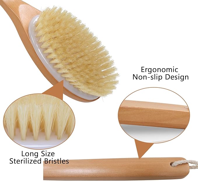 OWIIZI Bath Brushes with Soft and Natural Bristles Antiskid Wooden Long Handle Shower Body Scrubber for Wet or Dry Exfoliating,Back Scrub Deep Cleanse