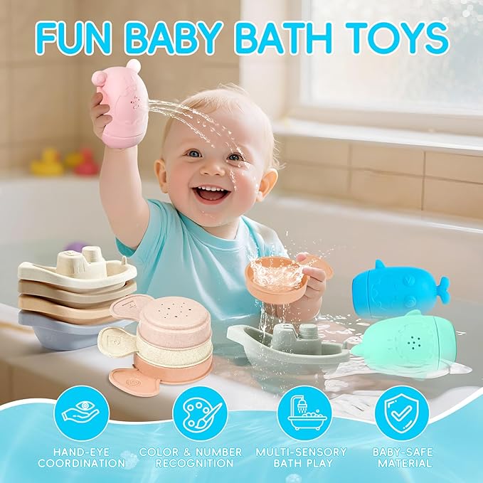 Baby Bath Toys for Kids Ages 1-3, 15 PCS Mold Free Bath Toys for Toddlers 2-4 Bathtub Water Table Pool Toys, Silicone Bath Toy and Bath Boats Spoons, Christmas Stocking Stuffers for Babies & Toddlers