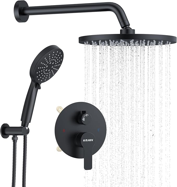KOJOX Shower System- High Pressure Shower Head- 3 Setting Headheld Shower Head Fixtures- Shower Valve Included (Matte Black)