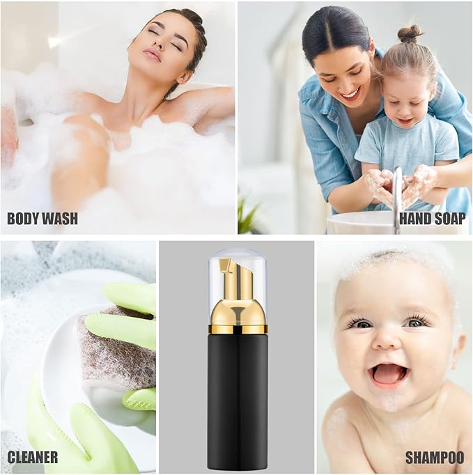 Lil Ray 2 Oz Empty Black Foam Pump Bottle, Foamer Soap Dispenser for Lash Shampoo, Hand Soap, Foaming Cleaner(Gold Pump, 12 PCS)