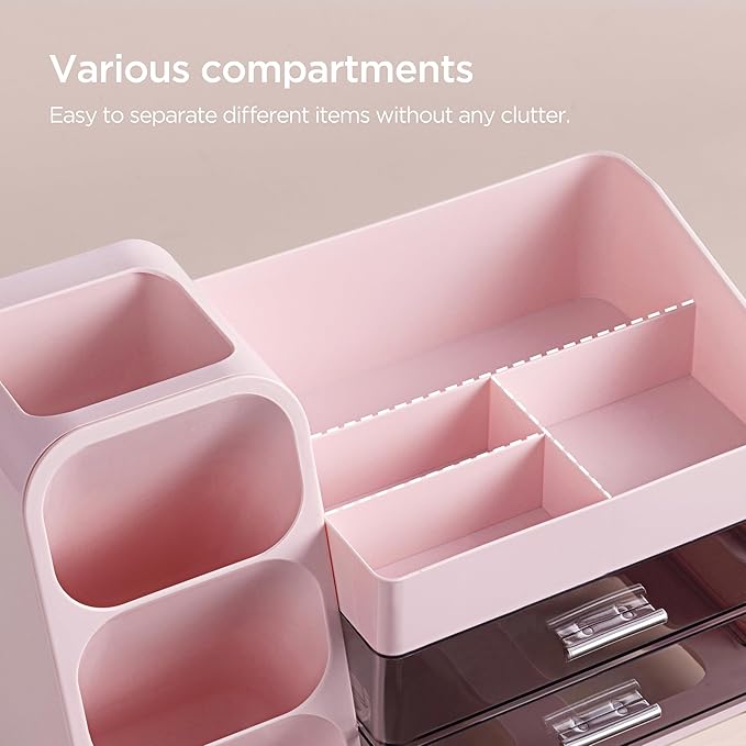 HBlife Makeup Organizer with Brush Holder for Vanity, Large Plastic Bathroom Countertop Organizer Skin Care Storage, Easy to Store Lipsticks, Nail Polishes, Perfumes, Eyeshadow Palettes, Pink