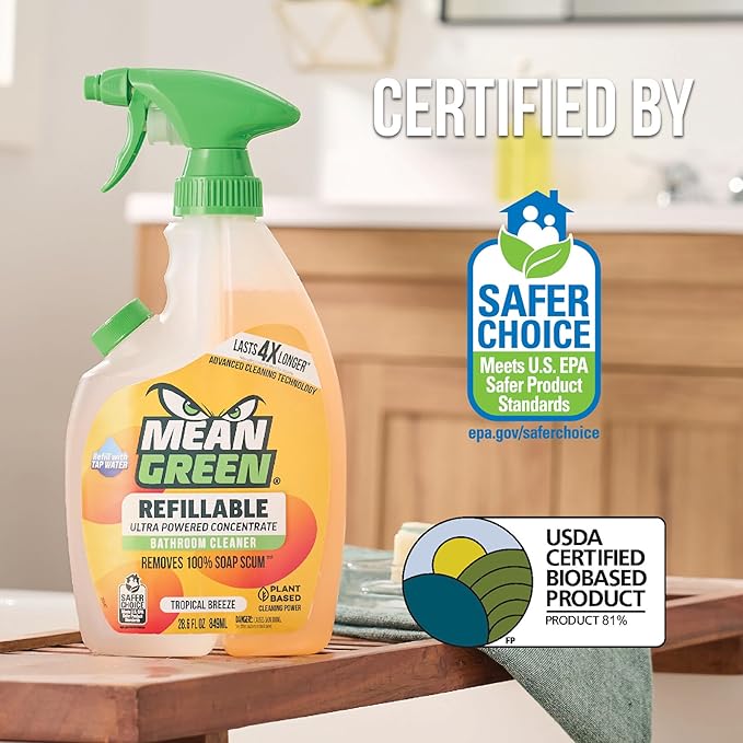 Mean Green Refillable Ultra Powered Bathroom Cleaner Concentrate, Tropical Breeze, 14.3 fl oz (2-Pack) – Plant & Mineral Based, Removes 100% of Soap Scum, Refillable Bottle Makes 4X Refills