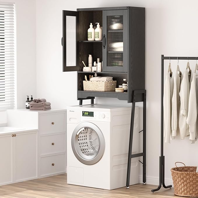Over The Toilet Storage Cabinet with Tempered Glass Doors & Adjustable Shelf, Bathroom Organizer with Metal Stand Space Saver Over Toilet , Tall Freestanding Shelf/Rack for Bathroom, Black