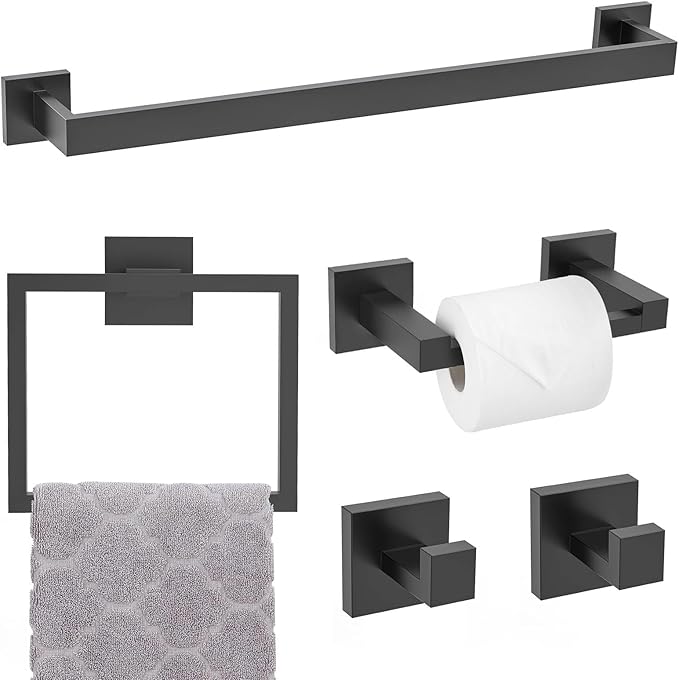 TNOMS Matte Black Towel Bar Set 5-Piece Bathroom Hardware Accessories Set,23.6 Inch Modern Towel Holder Set SUS304 Stainless Steel Towel Rack Set for Bathroom,Wall-Mounted
