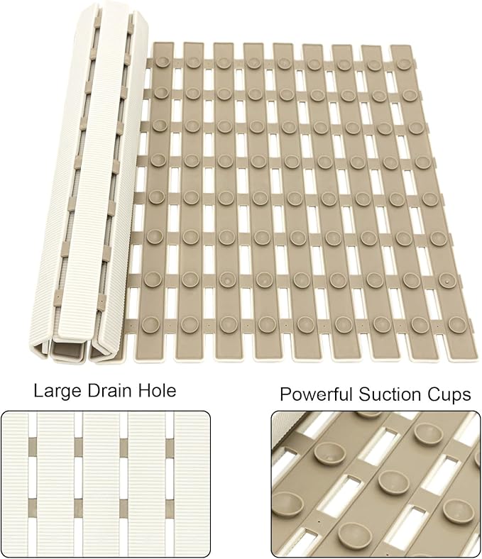 MBOSS Bath Tub Shower Mat Non Slip Bathtub Mats for Bathroom Shower Floor Mat Bath Mats for Shower Tub Anti Slip Shower Mat with Drain Hole and Large Suction Cups (Ivory White, 27.5 X 15.7 Inch)