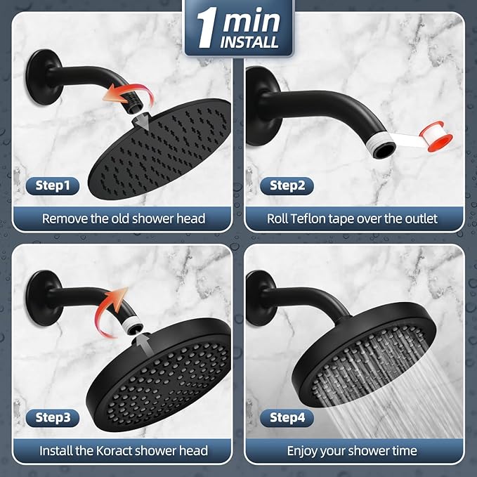 Shower Head High Pressure Rain Premium Quality Luxury Design Anti-Clogging Silicone Nozzles Adjustable Replacement for Bathroom Shower Heads (6 inch Round) (Matte Black)
