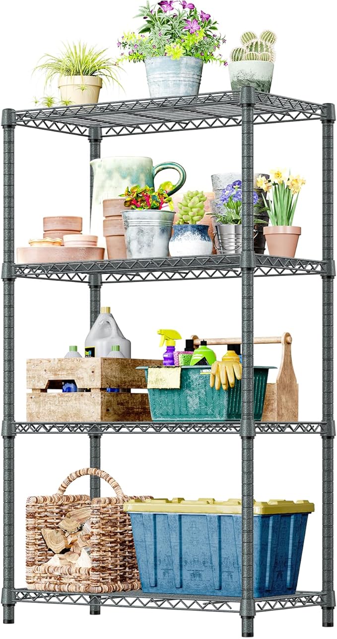 IZEUK 4-Tier Outdoor Metal Storage Shelving Unit, Heavy Duty Wire Rack Organizer with Rust-Resistant and Corrosion-Proof Coating (Grey, 17.7" D x 35.43" W x 59" H)