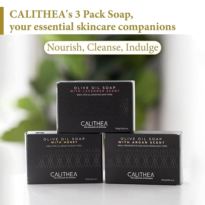 Calithea 3 Pack Olive OIil Based Soap Bars: Lavender, Argan Oil, and Honey Soap Bars