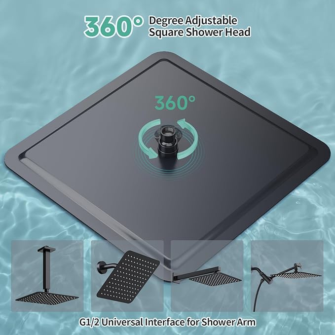 SR SUN RISE Luxury 16 Inch Extra Large Square Stainless Steel Shower Head High Pressure Rainfall Showerhead Ultra Thin Water Saving Matte Black 2.5 Gpm
