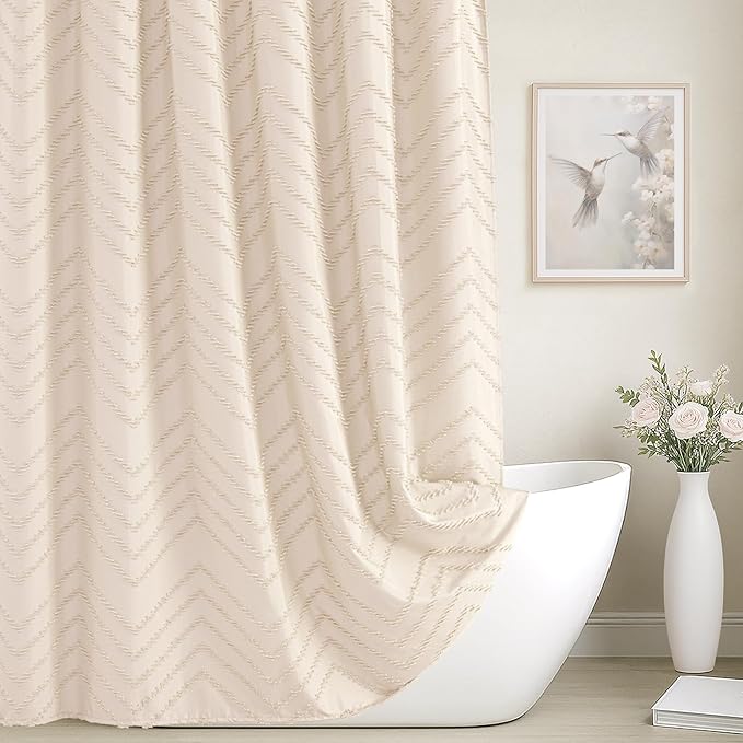 Cream Shower Curtain Boho Farmhouse Shower Curtain 72”W x 72”L Tufted Chevron Textured Minimalist Shower Curtains for Bathroom