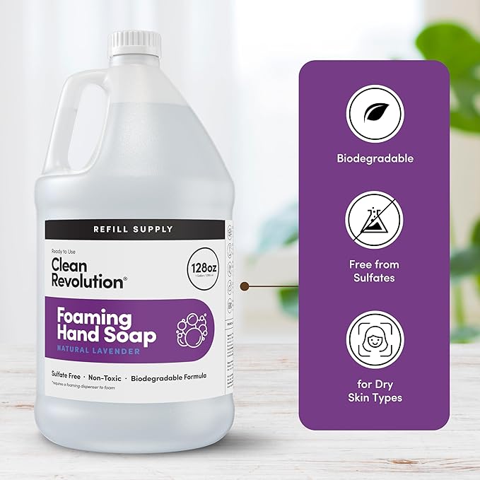 Clean Revolution Foaming Hand Soap Refill Supply Container, Ready to Use Formula, Gluten Free, Natural Lavender Fragrance, 128 Fl. Oz, 4 Pack