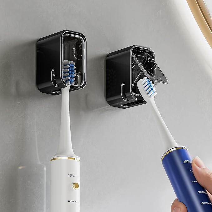 Toothbrush Holders for Bathrooms, 2PCS Innovation Single Slot Toothbrush Holder Wall Mounted with Cover for Shower, Single Toothbrush Dispenser Storage Organizer for Family & Travel