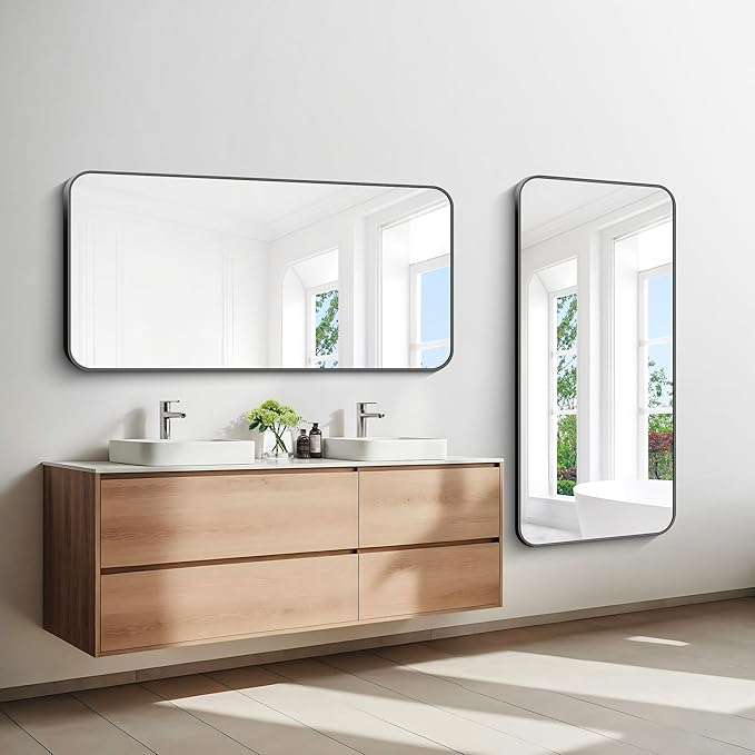 BONEWEI 24x48 inch Bathroom Mirror,Black Rectangle Mirror,Wall Mounted Bathroom Frame Vanity Mirror with Round Corner for Bedroom Living Room, Entryway Hangs Horizontal or Vertical