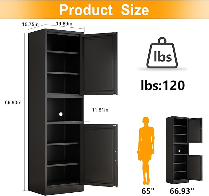 Tall Narrow Storage Cabinet 66.93" H Tall Bathroom Cabinet Metal Pantry Cabinets, 4 Adjustable Shelves for Kitchen, Home Office, Living Room, Dinning Room (20 inches Wide Black)