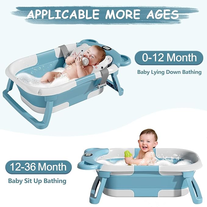 TPN Collapsible Baby Bathtub for Infants to Toddler with Real-time Temp Monitor+Floating Cushion,Foldable Baby Bath Tub Set Applicable 0-36 Month,Perfect Portable Travel Baby Tub for Newborns Boy